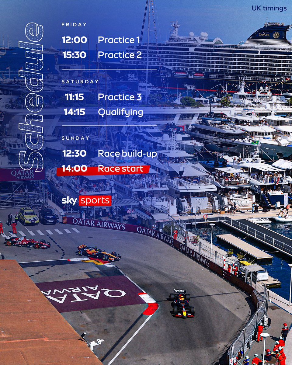 SkySportsF1's tweet photo. All the key timings to know as F1 heads to Monte Carlo for the Monaco Grand Prix 🇲🇨 https://t.co/obdWmlf0Fc