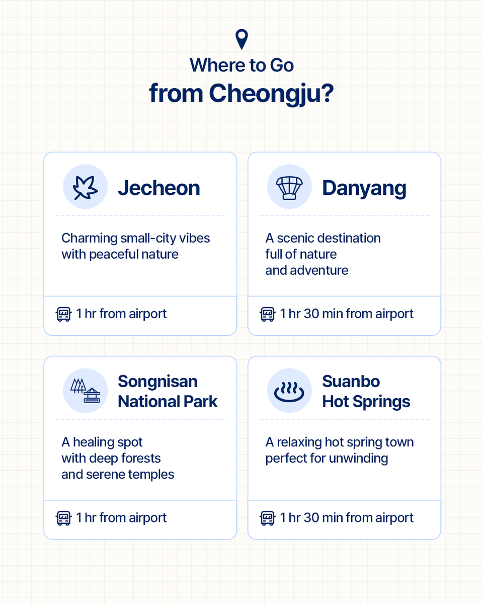 KoreanTravel's tweet photo. Traveling to Korea?
Discover more gateways beyond Seoul ✈️

From Cheongju International Airport, your gateway to central Korea,
to Daegu International Airport, the perfect starting point for southern Korea!

Skip the long journey and explore Korea’s local cities more easily ✨

From cozy trips around Chungbuk from Cheongju,
to southern adventures connecting Gyeongju, Andong, and Pohang from Daegu 👀