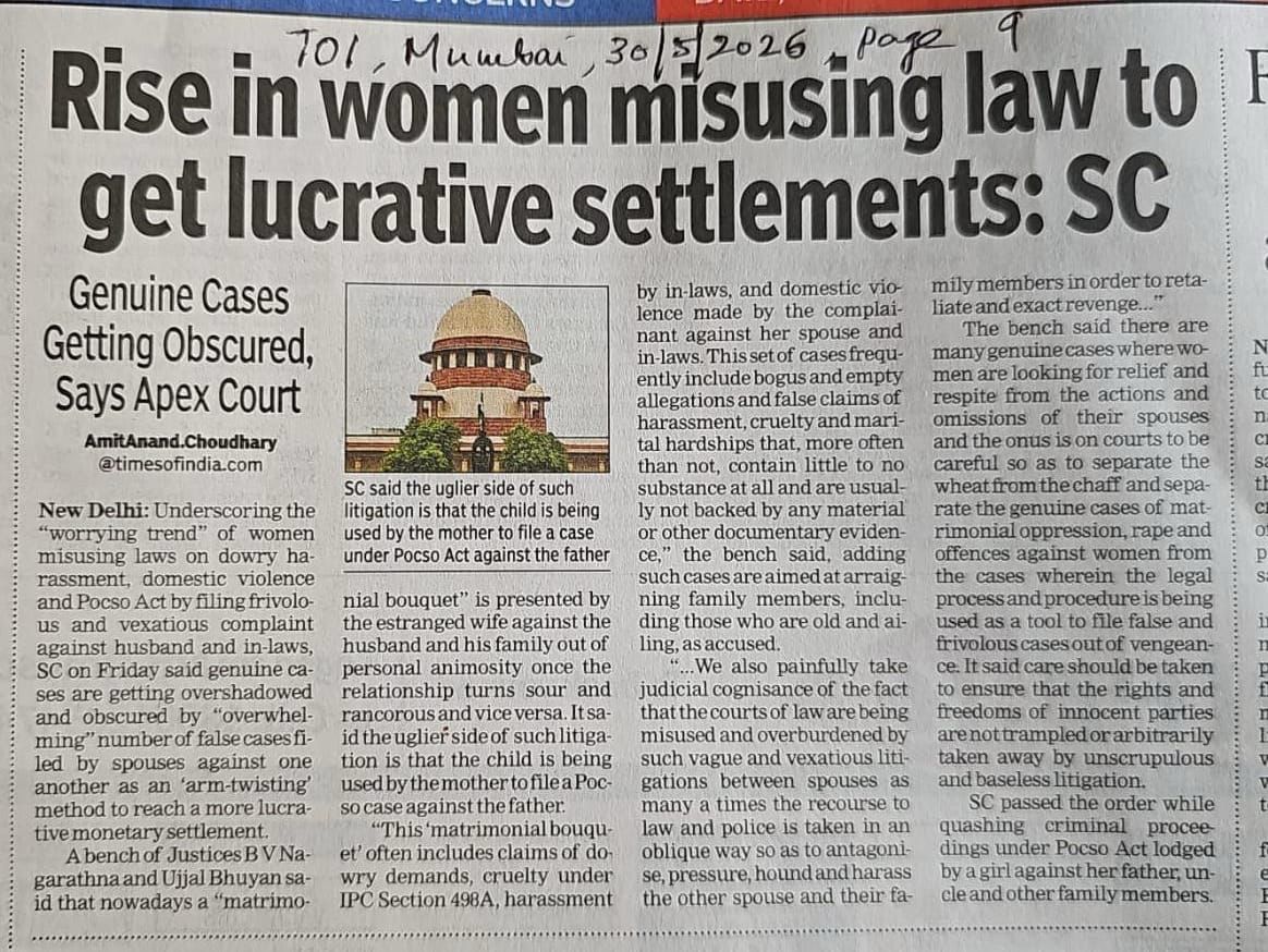 WeAreSIF's tweet photo. Supreme Court flags false cases used as tools by women to persecute men. Men face discrimination in laws and courts. Change is needed — for fairness &amp; to get #HumanRights4Men
#MensRights #LegalReforms https://t.co/rVJg16D52L