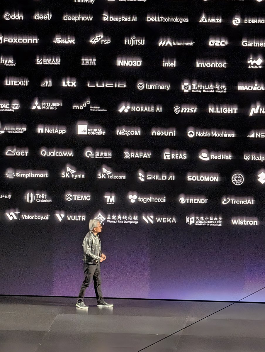 ericaiengineer's tweet photo. One of the funniest moments at today's GTC Taipei:

Jensen Huang gave a special shoutout to some of Taiwan's most important ecosystem partners:

🍉 Fruit Lady — where he famously signed an autograph in the restroom
🍲 Wang’s Tainan Cuisine — where his parents hold family dinners
🥢 Hua Niang Restaurant — where relatives gather for meals
🐷 Fu Ba Wang Pork Knuckle — one of Jensen's personal favorites
🍶 Yao Gu Zao Wei Restaurant — host of the legendary supplier banquet that probably led to billions of dollars in business

NVIDIA's Taiwan ecosystem runs on GPUs, semiconductors... and great food