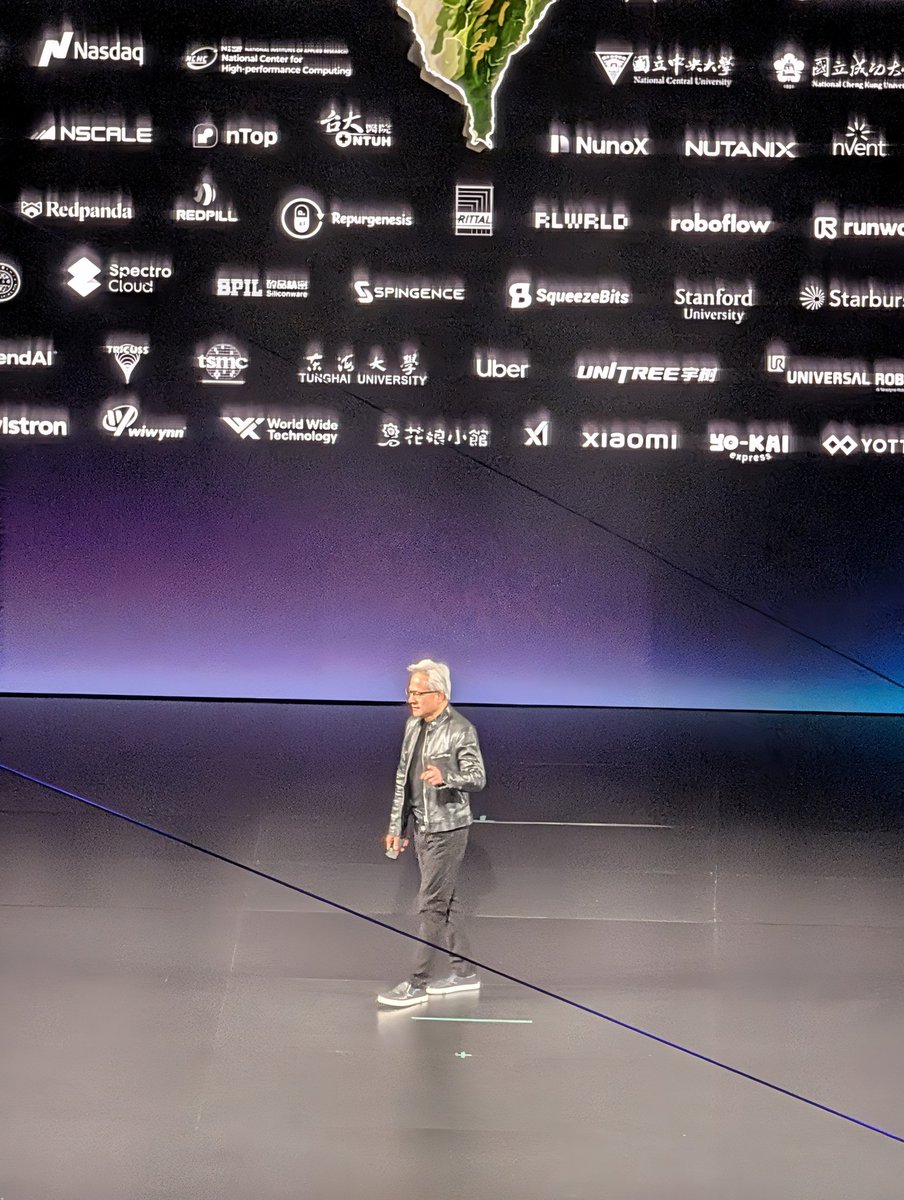 ericaiengineer's tweet photo. One of the funniest moments at today's GTC Taipei:

Jensen Huang gave a special shoutout to some of Taiwan's most important ecosystem partners:

🍉 Fruit Lady — where he famously signed an autograph in the restroom
🍲 Wang’s Tainan Cuisine — where his parents hold family dinners
🥢 Hua Niang Restaurant — where relatives gather for meals
🐷 Fu Ba Wang Pork Knuckle — one of Jensen's personal favorites
🍶 Yao Gu Zao Wei Restaurant — host of the legendary supplier banquet that probably led to billions of dollars in business

NVIDIA's Taiwan ecosystem runs on GPUs, semiconductors... and great food
