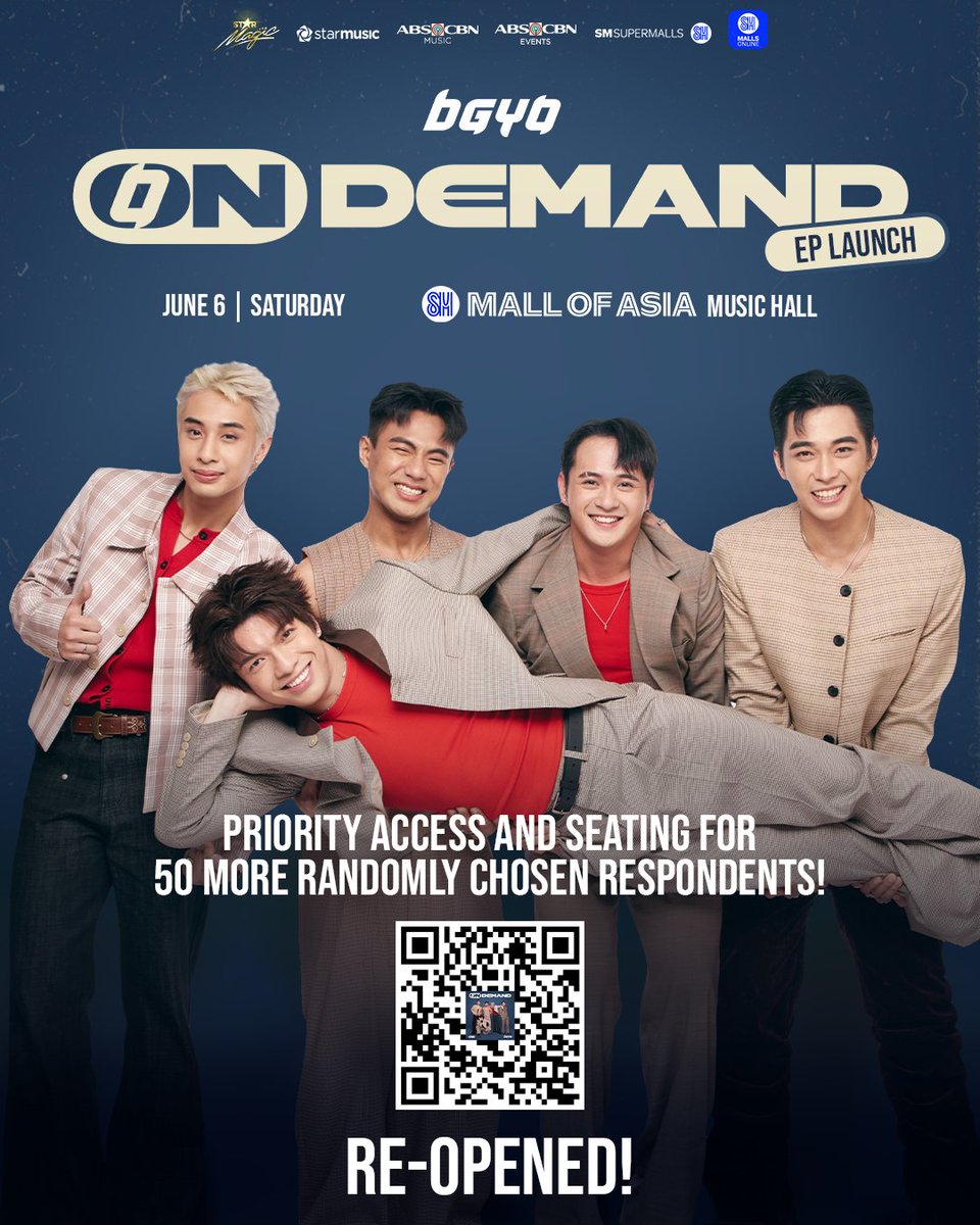 StarMusicPH's tweet photo. 🚨 Surprise, ACEs! We're reopening the GForm for respondents for Priority Access and Seating for 50 more respondents.

Be part of the lucky ACEs to be randomly chosen for the 50 additional slots.

For the first 100 who already registered over the weekend, good news, you'll also be entitled to a MEET AND GREET with BGYO after the show! 🥳

So what are you waiting for? Just follow these easy steps:

1. Download the SM Online App and create an account here: https://t.co/eWWyPlfSt4.

2. Search "BGYO" to access the coupon. Swipe the coupon and redeem your access pass. Make sure to take a screenshot!

3. Pre-save BGYO 'On Demand' here: https://t.co/eGiXZq5ohc. Make sure to take a screenshot.

4. Upload the screenshots of both your SM Swiped Coupon and Pre-Save confirmation on this form: https://t.co/TpkN5GSqL5.

All 150 Lucky ACEs will receive a confirmatory email soon.

#BGYO #BGYO_OnDemandEP #BGYO_OnDemandEPLaunch