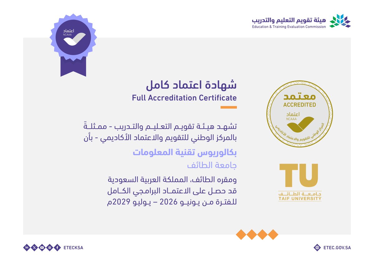 EtecNcaaa's tweet photo. تحويل اعتماد برنامج بكالوريوس تقنية المعلومات في جامعة الطائف @TaifUniversity من الاعتماد البرامجي المشروط إلى الاعتماد البرامجي الكامل حتى يوليو 2029م.
#اعتماد_الجامعات_جودة https://t.co/9eDHWDSCcb