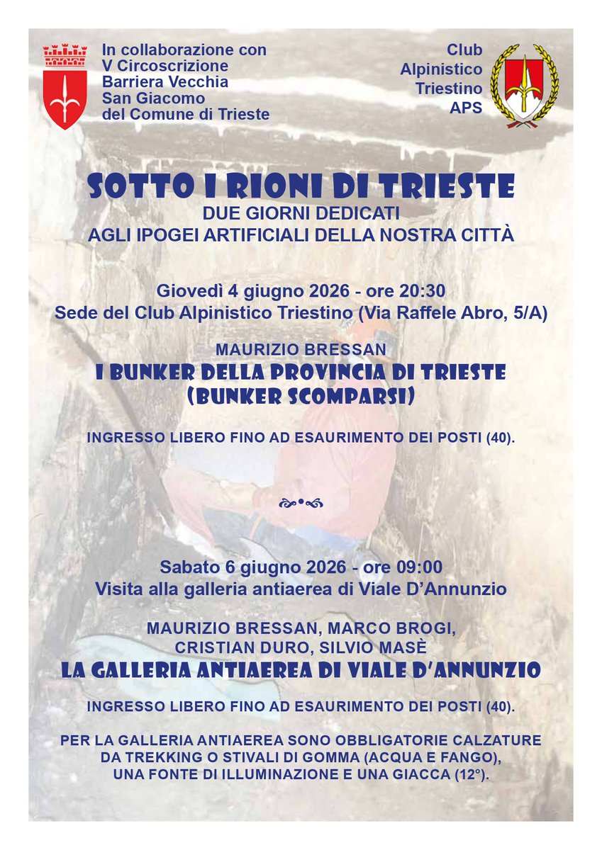ComunediTrieste's tweet photo. Sotto i rioni di Trieste - 4 e 6 giugno
Due visite con conferenza nella galleria antiaerea per la popolazione civile che si trova all’inizio di Viale D’Annunzio e due conferenze sui bombardamenti aerei di Trieste e sui bunker cittadini in Via Raffaele Abro, 5/A. https://t.co/OCQePankbb