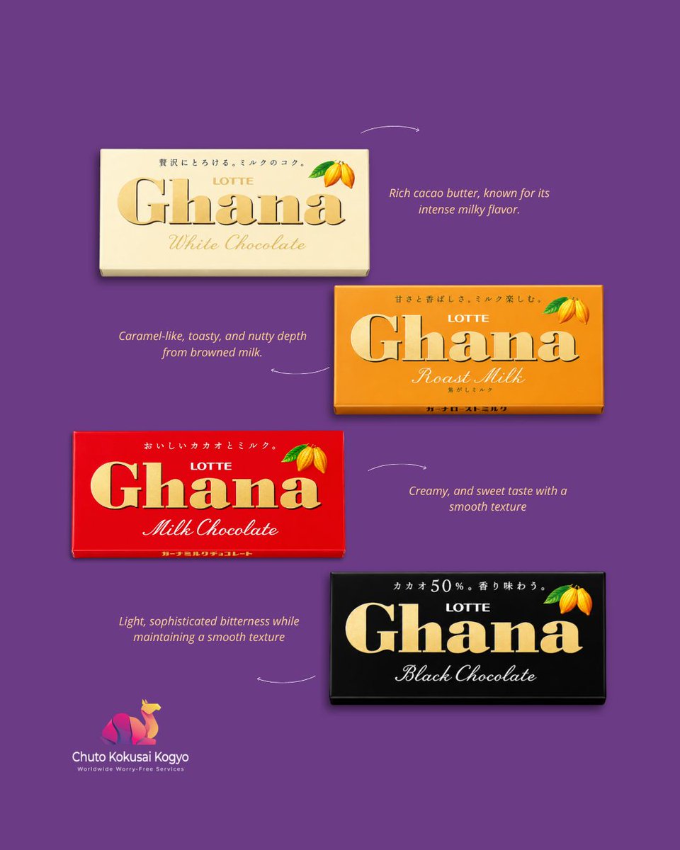 ME_INT_Business's tweet photo. When it comes to iconic Japanese chocolates, Lotte Ghana Chocolate remains a trusted favorite🍫
Available in Milk, Dark, White, and Roast Milk varieties, these smooth and rich chocolate bars are loved by consumers in Japan and worldwide.

A strong choice for retailers, wholesalers, importers, and Japanese snack distributors looking to expand their confectionery lineup with well-known Japanese chocolate products.

Message us today for product details and wholesale inquiries.

عندما نتحدث عن الشوكولاتة اليابانية الشهيرة، تبقى شوكولاتة لوتي غانا من الخيارات المفضلة والمحبوبة 🍫
بتشكيلة متنوعة تشمل الحليب، الداكنة، البيضاء، وروست ميلك، تقدم هذه الألواح مذاقاً غنياً وقواماً ناعماً يحظى بإقبال واسع في اليابان وخارجها.

خيار مناسب لتجار التجزئة والجملة والمستوردين وموزعي السناكات اليابانية الراغبين في إضافة منتجات شوكولاتة يابانية معروفة إلى تشكيلتهم.تواصلوا معنا اليوم لمعرفة تفاصيل المنتج وطلبات الجملة.

#LotteGhana #GhanaChocolate #LotteChocolate #JapaneseChocolate #JapaneseSnacks #JapaneseSweets #JapaneseCandy #ChocolateBar #MilkChocolate #DarkChocolate #WhiteChocolate #Confectionery #SnackImport #JapaneseFoodExport #JapanExport #ImportExport #WholesaleChocolate #WholesaleSnacks #FMCG #FoodTrading #SnackDistributor #RetailProducts #B2BTrade #ChutoKokusaiKogyo #CKK
#شوكولاتة_يابانية #سناكات_يابانية #استيراد_وتصدير #تجارة_الجملة #موردين