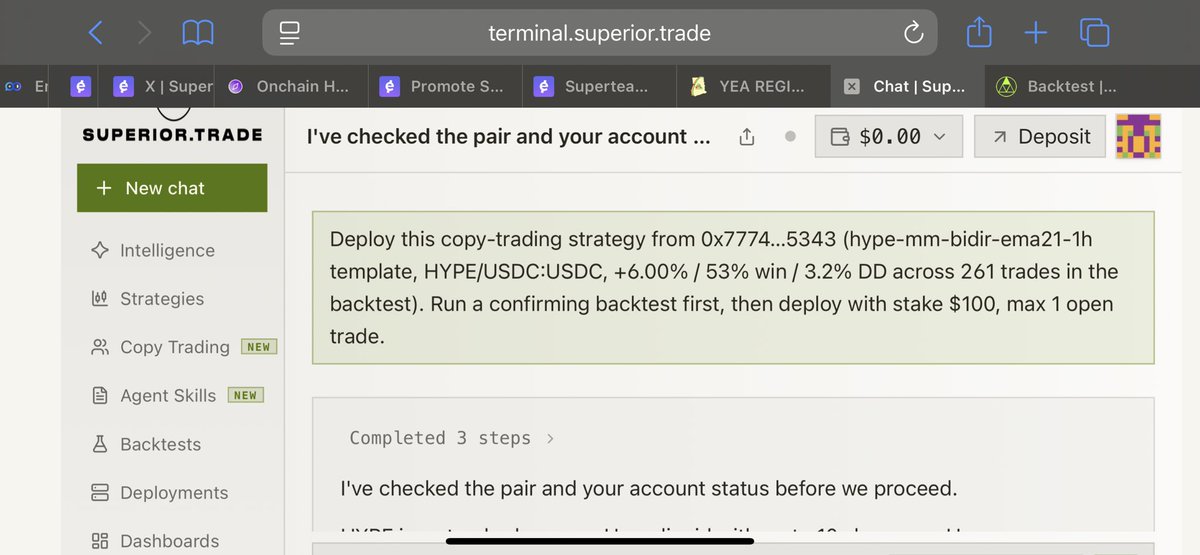 EmvynX's tweet photo. Awesome 🤩 Just activated Copy Trading in Superior Terminal! Strategy Agent rebuilt a HYPE market-making strategy from a top wallet: +6% return, 53% win rate, 3.2% DD across 261 trades.

Backtested &amp; ready to deploy 🔥

→ https://t.co/2sCRhWeuMl

@SuperiorTrade_ #SuperiorTrade https://t.co/3TI2OplaJ6