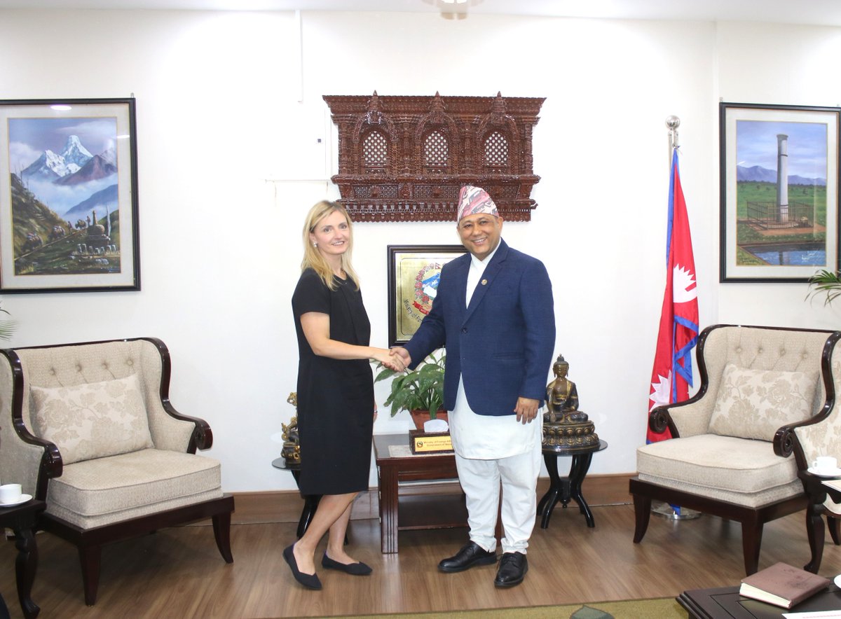 MofaNepal's tweet photo. H. E. Ms Sarah B. Rogers, Under Secretary of State for Public Diplomacy of the United States, paid a call on Hon. Mr Shisir Khanal, Minister for Foreign Affairs, at the Ministry today.

On the occasion, discussions were held on ways to further strengthening decades long Nepal-US relations, with particular emphasis on enhanced cooperation in investment, trade, culture and tourism.