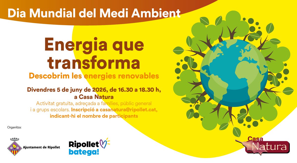 AjRipollet's tweet photo. 🌍El pròxim 5 de juny se celebra el #DiaMundialDelMediAmbient 2026, que enguany es centra en el canvi climàtic. ☀️
A Ripollet ho celebrarem amb un taller per a descobrir com funciona l’energia que ha de moure el futur, sota el títol “𝗘𝗻𝗲𝗿𝗴𝗶𝗮 𝗾𝘂𝗲 𝘁𝗿𝗮𝗻𝘀𝗳𝗼𝗿𝗺𝗮: 𝗱𝗲𝘀𝗰𝗼𝗯𝗿𝗶𝗺 𝗹𝗲𝘀 𝗲𝗻𝗲𝗿𝗴𝗶𝗲𝘀 𝗿𝗲𝗻𝗼𝘃𝗮𝗯𝗹𝗲𝘀”. Una activitat pràctica i divulgativa per entendre millor les energies netes i sostenibles. 
🍕Acabarem cuinant pizza en un forn solar!

📅 𝟱 𝗱𝗲 𝗷𝘂𝗻𝘆
🕟 De 𝗗𝗲 𝟭𝟲.𝟯𝟬 𝗮 𝟭𝟴.𝟯𝟬 𝗵
📍 A la 𝗖𝗮𝘀𝗮 𝗡𝗮𝘁𝘂𝗿𝗮
👨‍👩‍👧‍👦Activitat adreçada a famílies, públic general i grups escolars.
📩Inscripcions a 𝗰𝗮𝘀𝗮𝗻𝗮𝘁𝘂𝗿𝗮@𝗿𝗶𝗽𝗼𝗹𝗹𝗲𝘁.𝗰𝗮𝘁. Heu d’indicar el nombre de participants.

#Ripollet #Sostenibilitat #EnergiesRenovables #PorElClimaYa