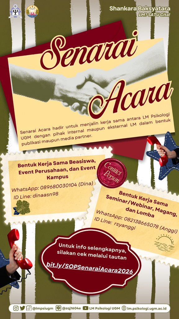 lmpsiugm's tweet photo. 📣 [SENARAI ACARA] 📣

Open for publication &amp; media partner! ✨
Untuk event kampus, seminar, webinar, lomba, beasiswa, magang, dan program lainnya.

🔗 https://t.co/rK43nSQCLm

Contact Person:
Dina (Line: dinaasn98)
Anggi (WA: 082138665078) https://t.co/FU56p7eJSh