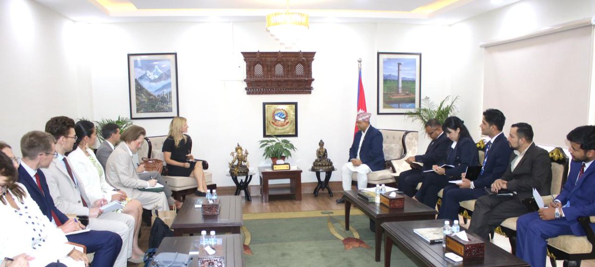 MofaNepal's tweet photo. H. E. Ms Sarah B. Rogers, Under Secretary of State for Public Diplomacy of the United States, paid a call on Hon. Mr Shisir Khanal, Minister for Foreign Affairs, at the Ministry today.

On the occasion, discussions were held on ways to further strengthening decades long Nepal-US relations, with particular emphasis on enhanced cooperation in investment, trade, culture and tourism.