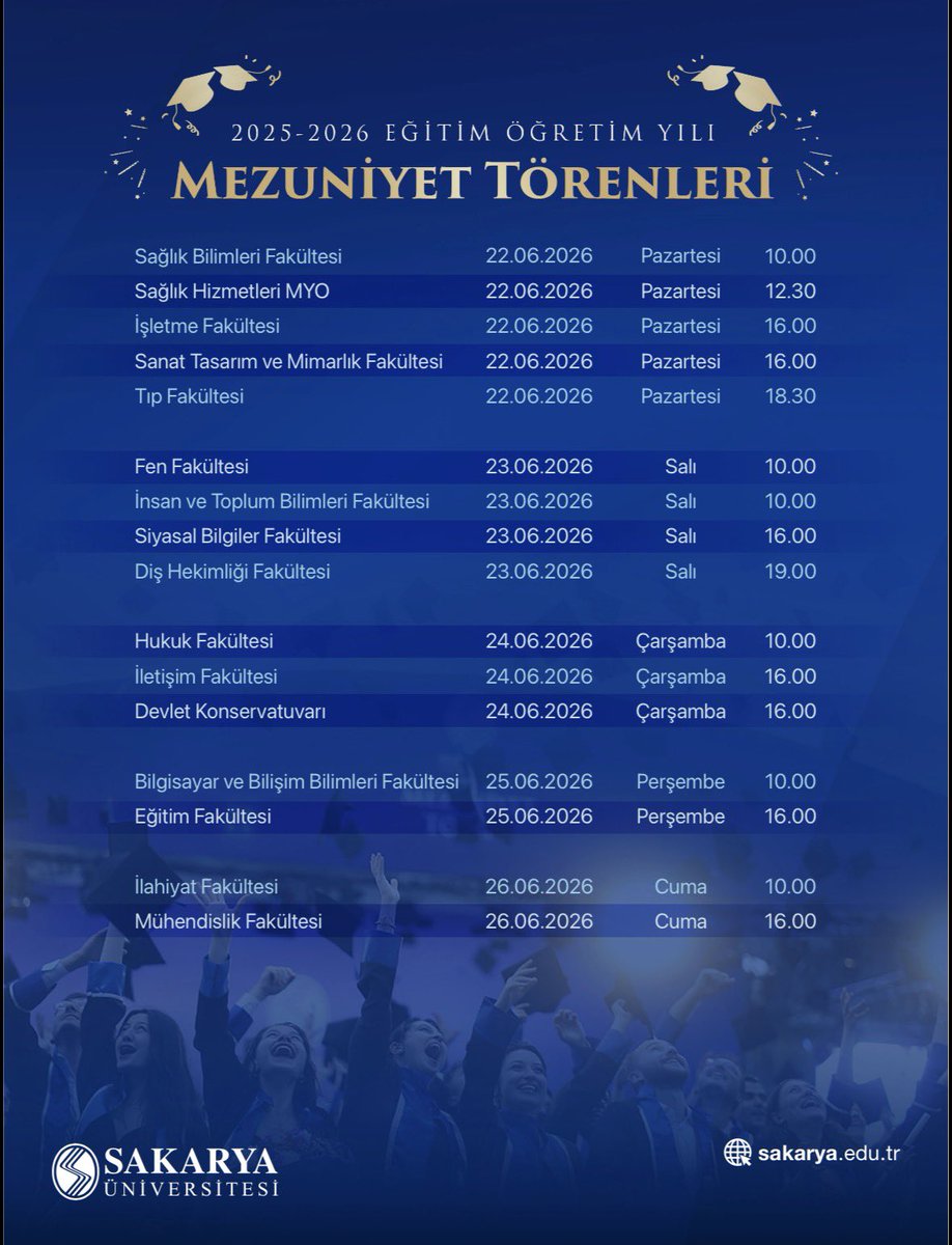 sakaryauni's tweet photo. 🎓 Mezuniyet heyecanı başlıyor!

2025-2026 Eğitim-Öğretim Yılı Mezuniyet Törenleri takvimimiz belli oldu.

📅 Fakülteniz ve yüksekokulunuzun tören tarih ve saatini inceleyebilirsiniz. https://t.co/eMqCor6SAP