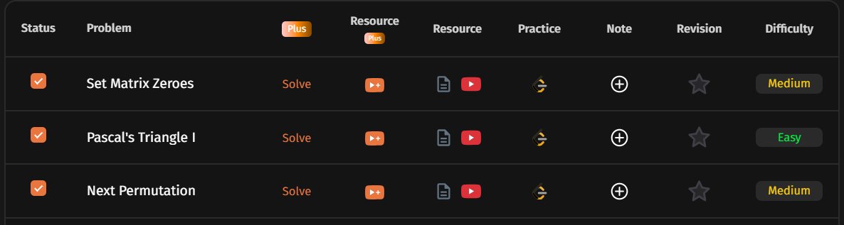 TP_KAPOOR's tweet photo. 🚀 Day 1 - #SDESheetChallenge
Today's problems:
✅ Set Matrix Zeroes
✅ Pascal's Triangle
✅ Next Permutation
Biggest takeaway:
Understanding why an algorithm works is far more valuable than memorizing the steps.
Day 1 done. 44 more to go. 🔥
@takeUforward_ 
@striver_79
#DSA https://t.co/TFXfKk8teD