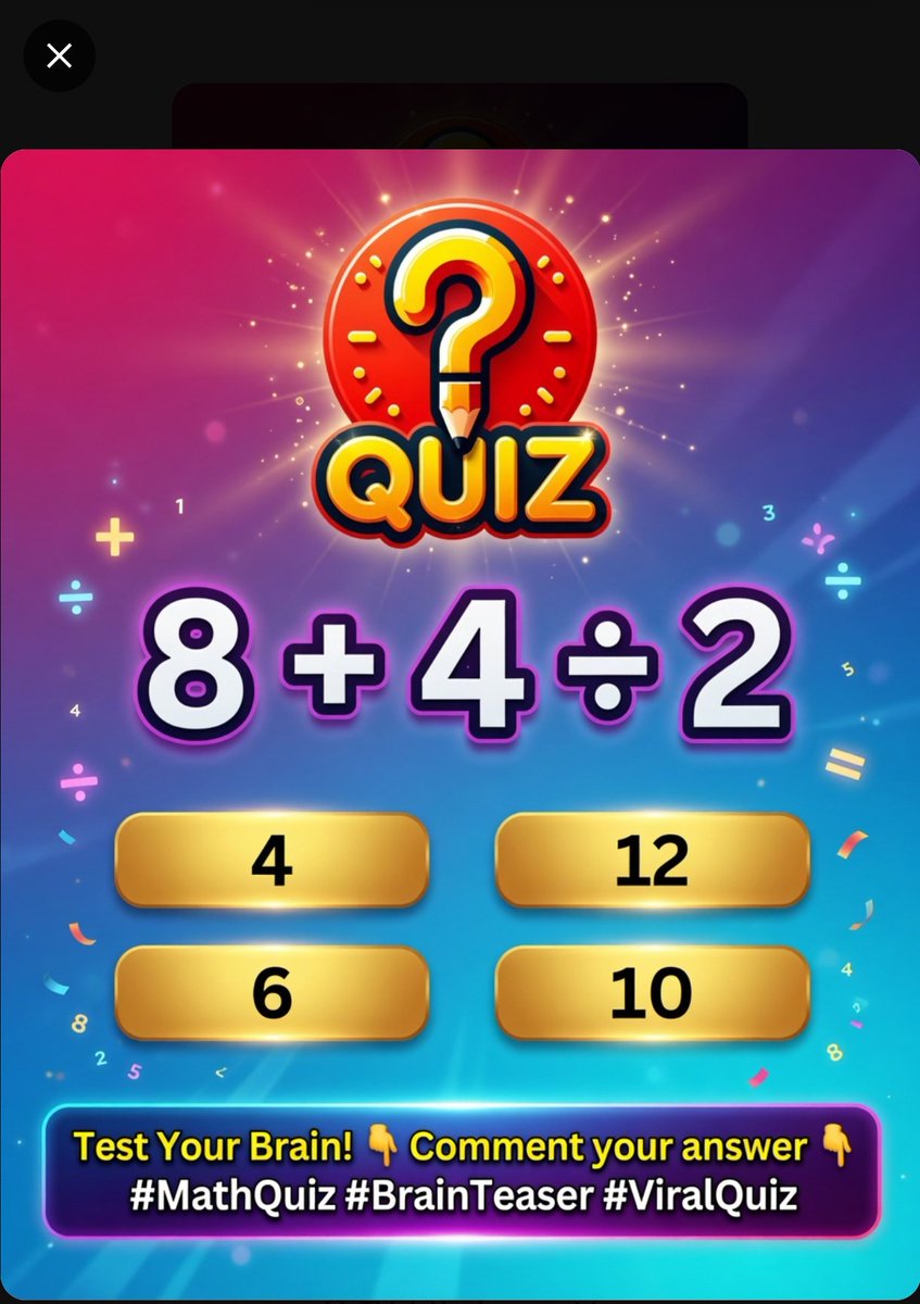 Sukkushetty1988's tweet photo. Stop scrolling! Can you solve this?
8 + 4 Γ· 2 = ?
Comment your answer Donβt forget the order of operations!
#MathQuiz #BrainTeaser https://t.co/hPwPpGTR6N