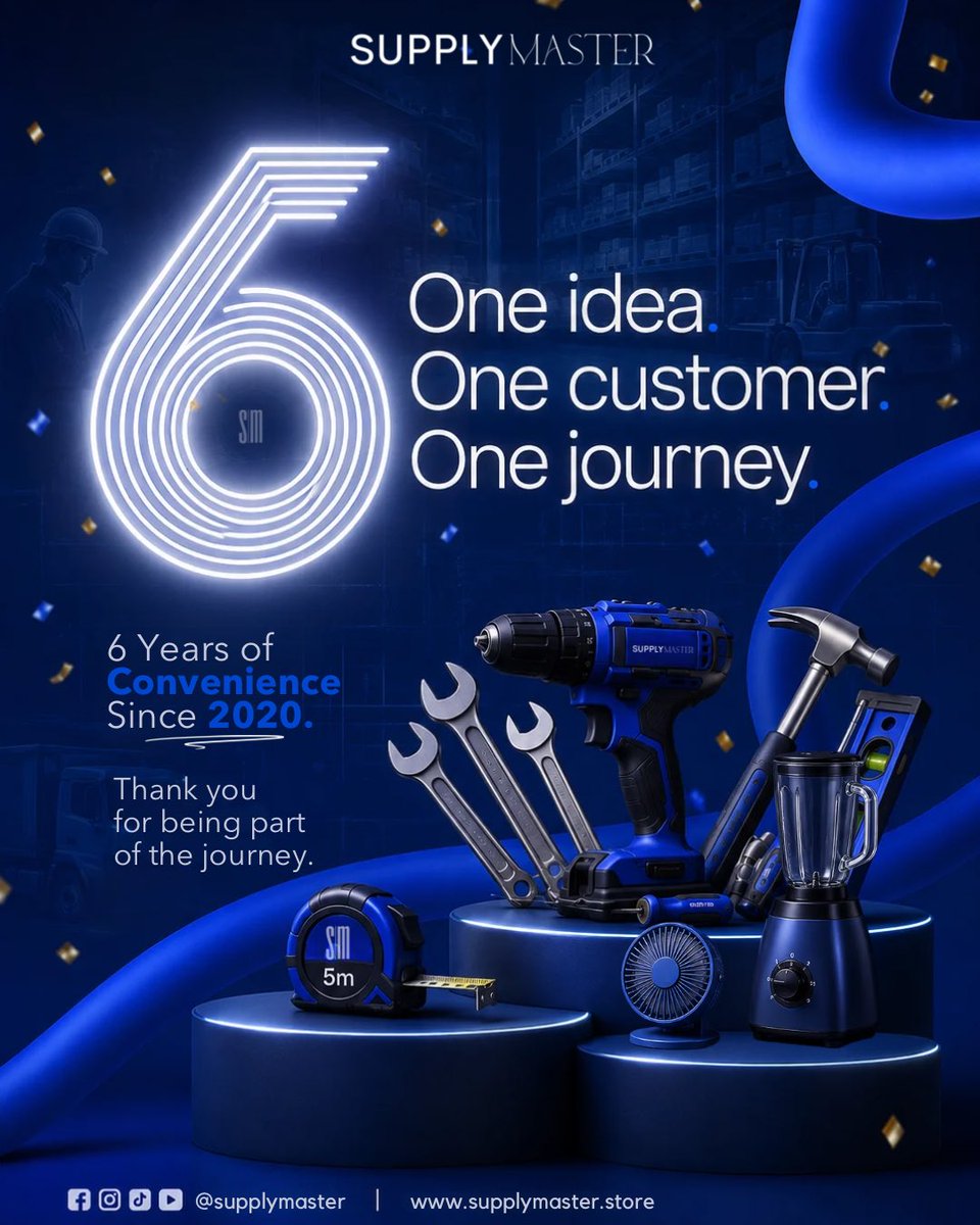SupplyMaster_'s tweet photo. Take Six: June 2026🎉

6 years of convenience.
6 years of reliability.
6 years of serving customers across Ghana.

Thank you for being part of the journey. 💙

The year was 2020.
The journey continues in 2026.
And we're just getting started.

#anniversary #celebration #ghana #accraghana #marketplace