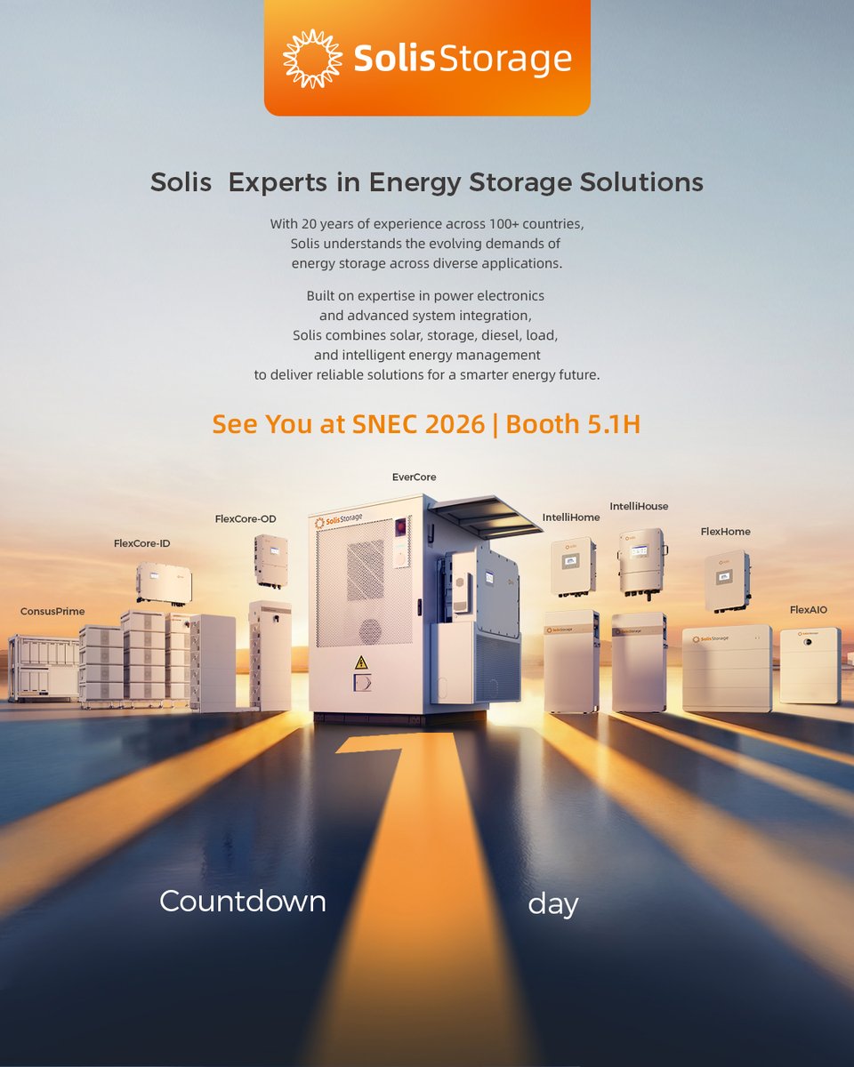 SolisStorage's tweet photo. ⚡🔋 1 Day to Go | SolisStorage at SNEC 2026, Shanghai 🇨🇳

The countdown is almost over — SNEC 2026 opens tomorrow!

📍 Booth 5.1H | Shanghai
📅 June 3–5, 2026
🔗 https://t.co/jPcTd8zWlB

Come visit us and explore the future of solar + storage. 🚀
#Solis #SolisStorage #SNEC2026 https://t.co/nMh6Wmbu89