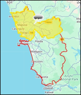 GoaImd's tweet photo. NOWCAST WEATHER WARNING ISSUED BY IMD GOA : Thunderstorms accompanied with lightening and strong surface winds gusting to 30-40 kmph is likely to occur at a few places over North Goa in next 1-3 hours. TOI 1430 IST https://t.co/jBFs3Tnb4U