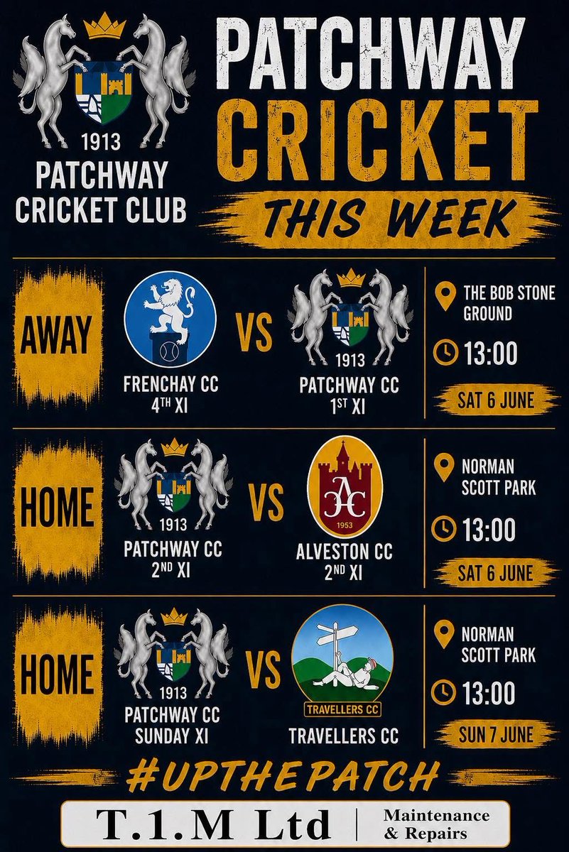 PatchwayCC's tweet photo. 🏏 WEEK 6 🏏

Three fixtures on the schedule this week, with our 1st and 2nd XIs in league action on Saturday. Our Sunday XI are back in action with a friendly against our good friends at Travellers CC, captained by Patchway’s own Derry West.

👏

#UpThePatch https://t.co/YQPzV68nq2