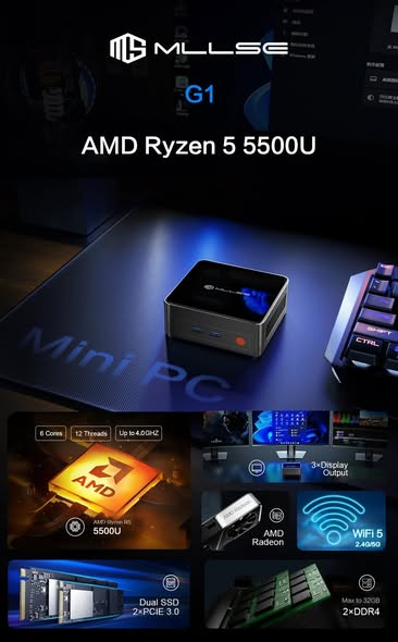 bmpg289's tweet photo. MLLSE G1 Mini PC Review

- AMD Ryzen 5 5500U, 6C/12T, up to 4.0 GHz,
- GPU: AMD Radeon Vega 7 @ 1800 MHz
- RAM: 16 GB DDR4-3200, 2× slot
- Storage: SSD M.2 2242 NVMe 512GB
- WiFi 5 + BT 4.2 + LAN
- Dimensions 106×114×44 mm, 0.42 Kg

More Info: https://t.co/Qgf78iNx3J https://t.co/hs7AQE6Xja