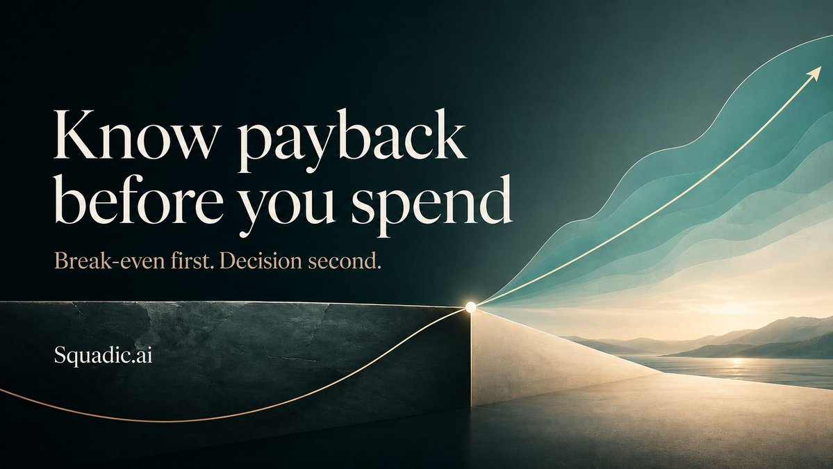 squadicai's tweet photo. Most founders do not lose money only because they spend too much.

They lose money because they approve decisions without knowing the payback logic behind them.

A hire.
A software stack.
A new vendor.
A process automation project.
An expansion move.
Each one sounds reasonable in isolation.
But finance pressure starts when you cannot answer three simple questions:
How much cash goes out first?
When does the decision break even?
What happens if revenue or savings arrive later than planned?
That matters even more in a market where capital spending plans are soft, borrowing still has a real cost, and AI investment is rising faster than measurable returns.

The practical move is not to stop investing.

It is to invest with decision-level visibility: expected impact, time to break even, payback period, base / downside / upside scenario.

That is how finance becomes infrastructure for better decisions, not just reporting after the fact.
https://t.co/Rab9RWaFIu helps founders do exactly that: see the money, model the decision, build the report, act on the numbers.
Know your numbers before you spend.
Try it free.

#SquadicAI #BusinessFinance #BreakEven #PaybackPeriod #CashFlow #FinancialDiscipline #Profitability #FounderMode #FinanceAutomation #Fintech #AIforFinance