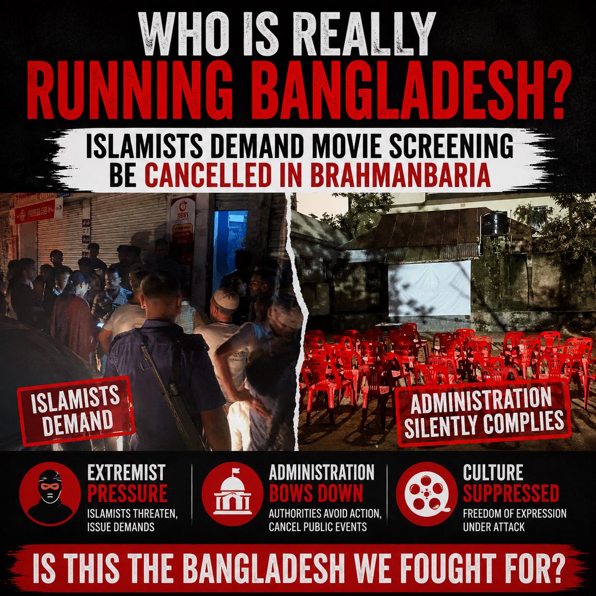 bdwatch2024's tweet photo. The screening of a popular new #Bangla movie was cancelled in #Brahmanbaria following threats from #Islamists, raising a critical question: who is really governing #Bangladesh?

Under the #Yunus-led Interim Govt, Islamists in Bangladesh gained unprecedented influence and authority. During that period, #arts and #culture came under sustained attack. Concerts, film premieres, folk festivals, spring celebrations, and numerous other cultural events were obstructed, disrupted, attacked, or cancelled at the whims of Islamist groups. 

We extensively reported on this troubling trend at the time.

The dangerous anti-arts climate that emerged under the Interim Govt now appears to be making a comeback under PM #TariqueRahman's BNP Govt. A scheduled screening of the popular new Bangla film “Bonolota Express” in Brahmanbaria has been cancelled following the withdrawal of venue permission and what organisers described as a “lack of administrative support.”

The controversy began when members of the Qawmi Chhatra Oikya Parishad, an organisation of Islamic madrasa students, launched a social media campaign demanding that the screening be stopped. 

Rather than defending the organisers' right to hold a lawful cultural event, the administration withdrew its permission for the screening. This is a phenomenon that became all too familiar during the Yunus era.

News: https://t.co/MTzpDoxMaK

The question that therefore needs to be asked is: who is really governing Bangladesh? If organised pressure from Islamist groups is sufficient to halt lawful cultural events, what does that say about the authority of the state?

…. 

#BangladeshCrisis #IslamistResurgence #Arts #Culture @UNESCO @State_SCA @kajakallas @FCDOGovUK @Chellaney @paulocasaca1 @CJBdingo25 @MujMash @HannahEP @CordeliaSkyNews @FOREF_EU @NazilaGhanea