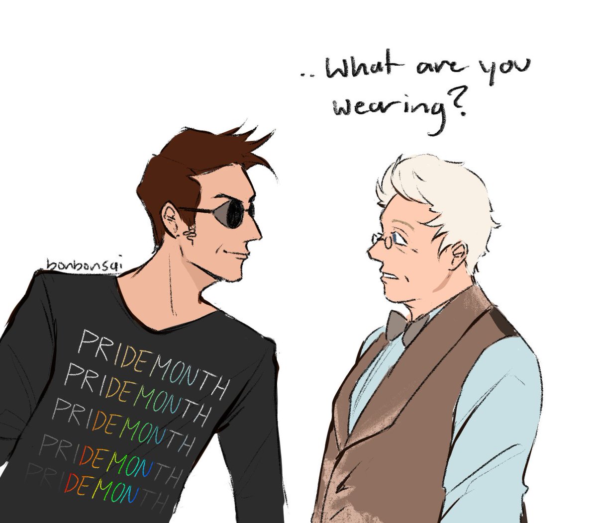 bonbonsai_'s tweet photo. Happy pride month to everyone! and to my fav genderfluid, agender; demon and angel. #goodomens https://t.co/TzR05au4Ks
