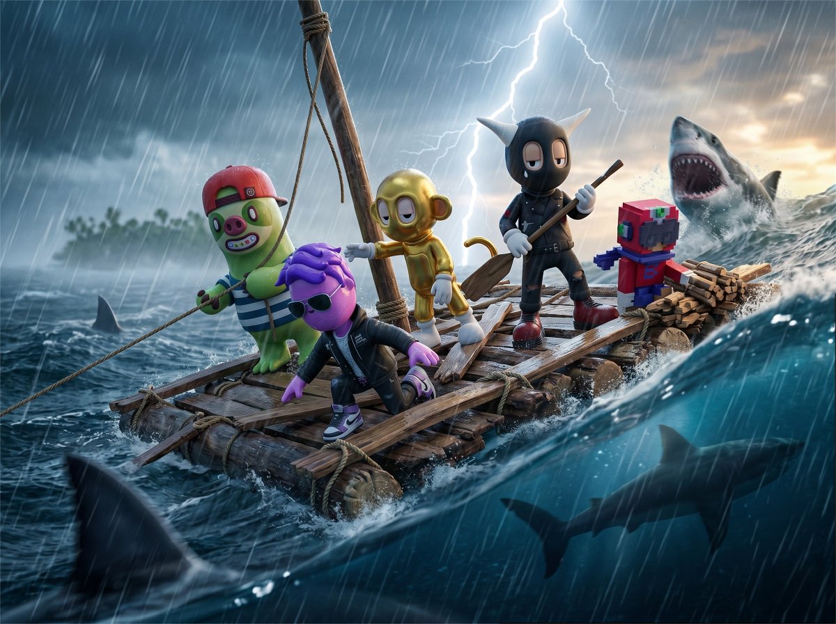 edizkan_'s tweet photo. Prompt Share 🚨
Escape mode: activated. Storm edition. 🦈

Prompt 👇
Uploaded characters’ exact likenesses are escaping from a remote island on a handmade wooden raft during a violent tropical storm, surrounded by sharks in dark, raging open water. The raft is being thrown upward by a massive wave, tilted at a dangerous angle, with ropes straining, logs bending, and broken boards shaking loose.

Likeness Integrity
Preserve every uploaded character’s exact identity: proportions, head shape, eye shape, eye spacing, stylization, silhouette, outfit, accessories, colors, and material identity. Do not humanize. Do not alter anatomy. Do not modify facial structure. Do not add a mouth or nose if the original character does not have them. Each character must remain instantly recognizable even through rain, spray, and motion.

Scene & Action
The characters are crowded together on the same raft in different natural survival poses. One character grips a rope with both hands while sliding backward. One character is crouched low, bracing against the wave impact. One character reaches toward another to keep them from falling overboard. One character holds a broken paddle like a balance pole. . No duplicated poses. No stiff lineup. No calm group-photo behavior.

Storm Environment
Heavy rain slashes diagonally across the frame. The ocean is violent, with steep black-blue waves, white foam, spray explosions, and chaotic water motion. Shark fins cut through the water around the raft. One shark breaches partially from a wave behind the raft, not cartoonish, mouth barely visible through spray and shadow. Another shark silhouette passes beneath the translucent wave face near the raft. The distant island is barely visible through storm fog, lightning haze, and rain curtains.

Camera & Perspective
Extreme low water-level camera, positioned almost inside the waves beside the raft. 18–22mm wide lens with close-lens pressure. The nearest wave and raft corner dominate the foreground, partially cropped and distorted by proximity. The raft slices diagonally upward across the frame, creating unstable motion. Camera is tilted 8–12 degrees, making the horizon feel broken and dangerous.

Composition
Unsafe, high-impact framing. The raft is off-center and tilted hard, with some raft edges cropped by the frame. Foreground water spray, rain streaks, and foam partially obstruct the scene. Characters overlap naturally in layered depth, but each remains readable. Sharks form a threatening circular rhythm around the raft, with fins at different distances. The whole frame should feel like the camera is being swallowed by the storm.

Depth of Field
Primary focal plane locked on the central characters’ faces, upper bodies, and gripping limbs. Foreground spray and rain are heavily blurred near the lens. The breaching shark is readable but slightly softer than the characters. Distant sharks, island, and storm clouds dissolve into atmospheric haze. No full-frame sharpness.

Lighting
Dramatic storm lighting with a violent warm-cool split. Cold blue-grey ambient storm light dominates the ocean and shadows. A hard flash of lightning from behind the raft creates sharp rim light along characters, raft edges, shark fins, and rain streaks. A faint warm sunset glow breaks through a torn cloud near the horizon, adding golden highlights to spray and wet wood. Deep shadow pockets under the raft and between characters. No flat lighting.

Texture & Realism
Photoreal cinematic style. Wet splintered logs, soaked ropes, salt spray, rain beads, foam, water streaming across the raft, scratched wood, frayed fibers, loose knots, and storm-battered debris. Characters are drenched by rain and ocean spray, but their original materials, outfits, accessories, and colors remain unchanged. Texture enhancement is allowed, structural redesign is forbidden

Motion & Effects
Directional motion blur follows the storm movement, waves, rain, and loose ropes. Water droplets strike the lens surface with subtle refraction. Foam streaks across the foreground. The raft has visible impact energy: ropes pulled tight, characters leaning against force, loose boards vibrating, rain streaks dragged by wind. Effects must feel physically grounded, not magical.

Mood
Desperate escape at the edge of disaster. The characters are not posing. They are surviving. The raft feels seconds away from capsizing while sharks close in below the storm.

Color Grade
Deep ocean blue, storm charcoal, cold cyan lightning, muted island green, restrained warm gold near the horizon. Character colors remain readable but controlled. High contrast, heavy atmosphere, natural highlight roll-off, no oversaturation

Negative Constraints
No extra duplicate characters. No character merging. No stiff standing lineup. No calm sea. No sunny vacation mood. No cartoon shark exaggeration. No fantasy glow. No centered composition. No symmetrical raft placement. No flat lighting. No full-frame sharpness. No clean studio look. No added facial features. No anatomy changes. No text, no logo, no watermark

ar 4:3