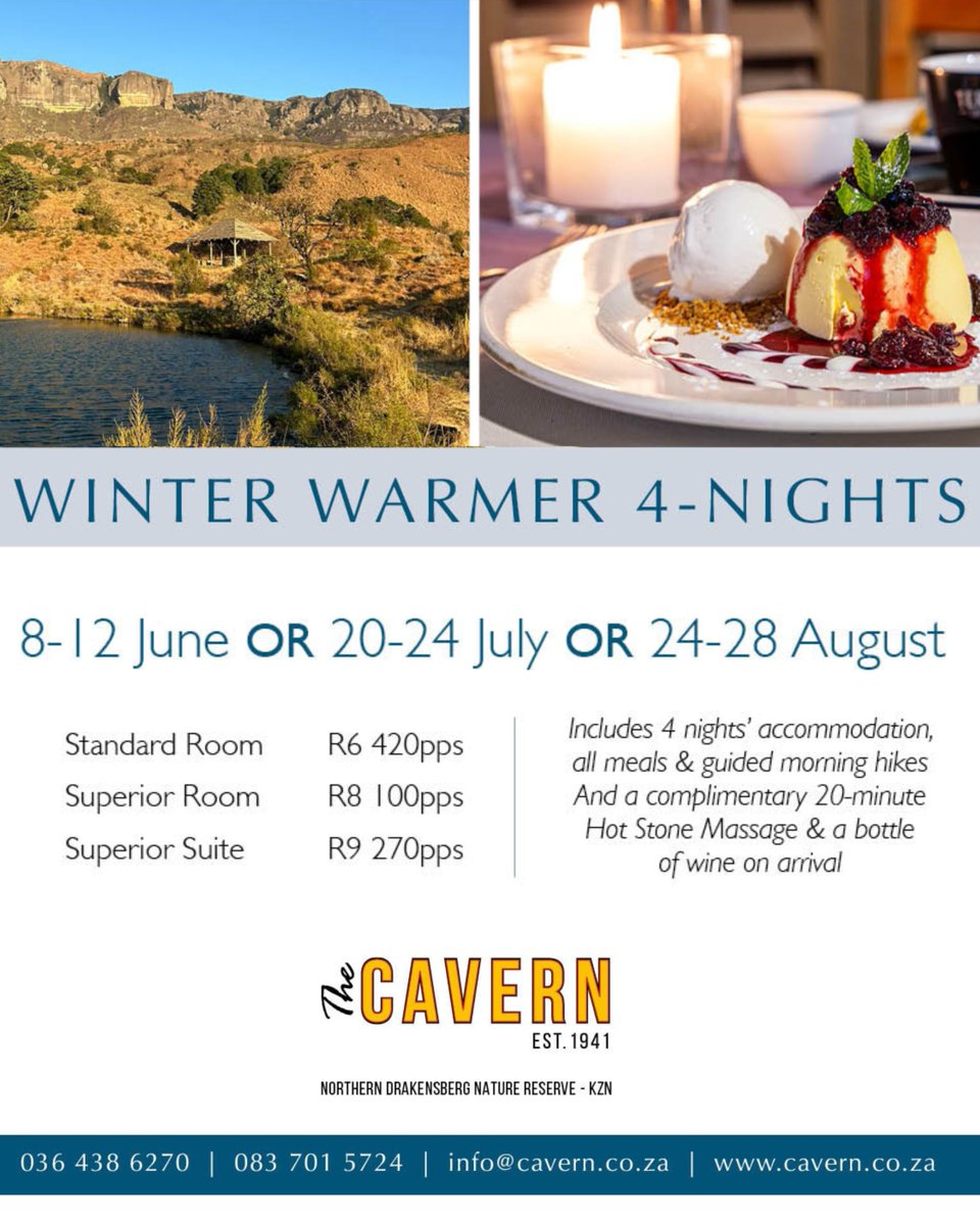 EstateLivingInt's tweet photo. Warm up this winter at The Cavern. Escape to the breathtaking Drakensberg for a 4-night getaway filled with comfort, nature, delicious meals, and relaxing experiences. 

Discover more 👉 https://t.co/7qpMi4ScxB https://t.co/eaWDNKwqmU