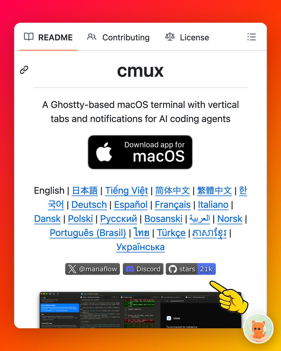 repocatai_git's tweet photo. [BUILDER'S DREAM] cmux — a native macOS terminal built for running AI coding agents in parallel

If your desktop is slowly turning into 12 Claude/Codex tabs and mystery notifications, this one is worth a look.

· Ghostty-based terminal, but with vertical tabs made for agent work

· Blue notification rings show exactly which pane needs you
  → no more hunting through tabs that all say “waiting for input”

· Sidebar shows branch, PR status, working directory, ports, and latest agent message

· Built-in browser panes sit beside your terminal
  → test localhost, inspect UI, and keep browser state inside the workspace

· SSH workspaces make remote machines feel local
  → browser panes route through the remote network, so localhost still works

· Claude Code Teams launches with one command
  → teammates spawn as native splits with metadata and notifications

· Reads your existing Ghostty config for fonts, themes, and colors

· Native Swift/AppKit app, not Electron
  → fast startup, lower memory, GPU-accelerated terminal rendering

Why it matters: cmux is for devs who already live in the terminal but want agent orchestration without being forced into a heavy GUI workflow. It turns “a pile of terminal panes” into a readable command center for AI coding sessions, local apps, PRs, SSH boxes, and browsers.

Follow @repocatai_git for more AI / Agent / Robotics drops 🚀