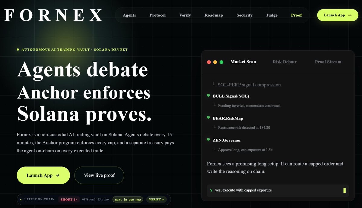 Rajan_panth's tweet photo. Wrapping up my @SuperteamIN fellowship with Fornex.

Fornex is a non-custodial Solana vault run by three AI agents, with risk controls enforced on-chain.

My @SuperteamIN  capstone, shipped on Solana.

→ 3-agent consensus every 15 min
→ 2-of-3 majority + 60% confidence floor
→ Leverage caps enforced in Anchor, not TypeScript
→ Pyth-marked synthetic perps with Rust-bounded PnL
→ MultiAgentDecision accounts storing votes, reasoning, oracle price, and exec refs
→ Real per-trade agent payments: treasury → agent keypair
→ 24/7 runtime on Azure VM with PM2 auto-restart

AI trading decisions should be verifiable, constrained, and accountable.

Thanks @kirat_tw for the guidance and push.

https://t.co/lXadoHNrbD