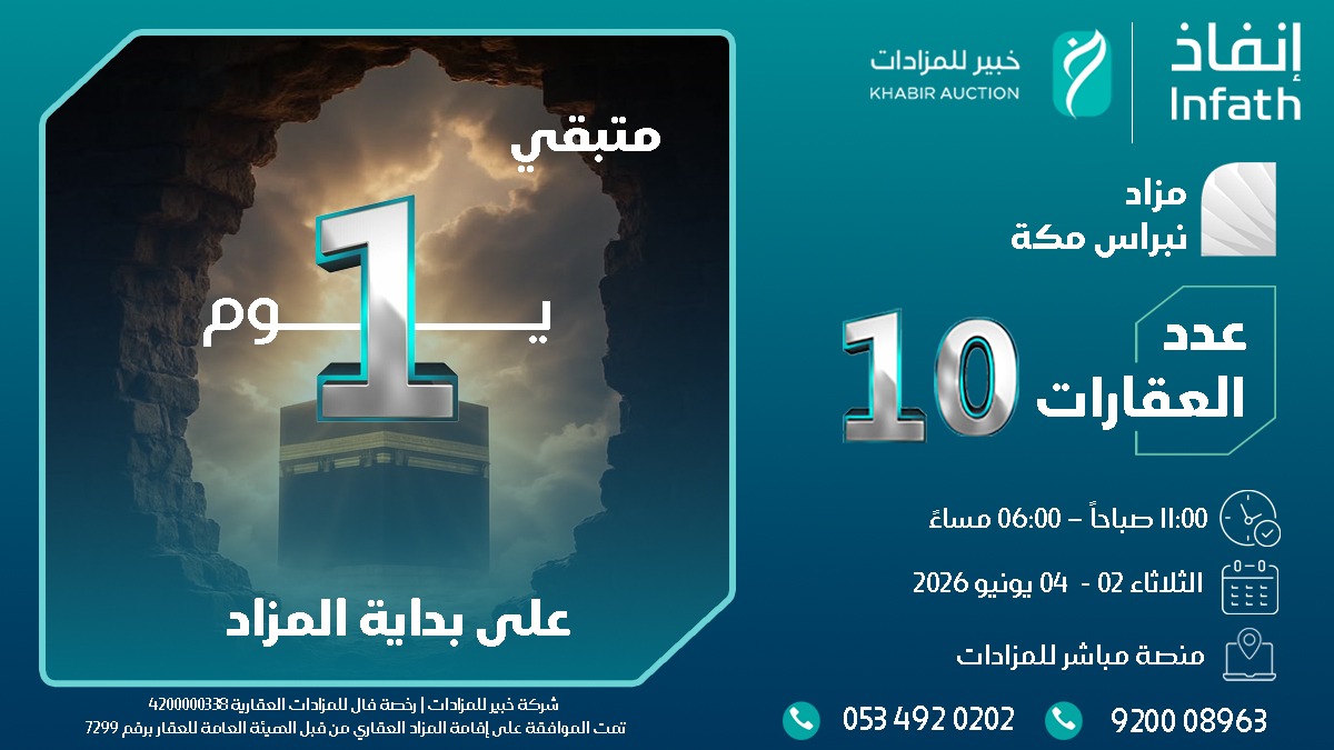 KHABIRAUCTION's tweet photo. ليست مجرد صفقة عابرة، 
بل فرصة لامتلاك إرثٍ عقاري لا يزول✨
🔸متبقي يوم واحد على بداية #مزاد_نبراس_مكة
🖥️ التفاصيل كاملة عبر الرابط : 
https://t.co/XENXai5Q7D https://t.co/8PNl6ii9FH