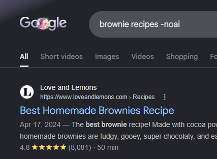 apiratemoo's tweet photo. If you didn't know this, you can append -noai to your searches to get rid of the Google AI panel at the top of search results. https://t.co/VLMLQL83Rr