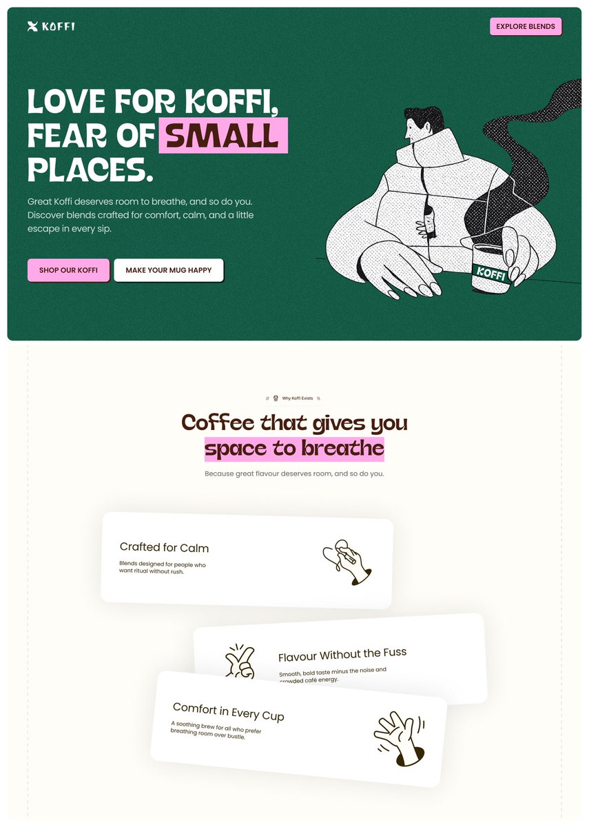 IwuezeAmarachi's tweet photo. Day 1 of 30 👩🏽‍💻

Task: Recreate this Koffi page. Add interactions and bring it to life. The second image should have a card-overlap effect.

Deadline: 18 hours.

Use whatever works for you. Keep the same design, but feel free to approach it your own way.

When you’re done, quote this post with your version…..👇🏽