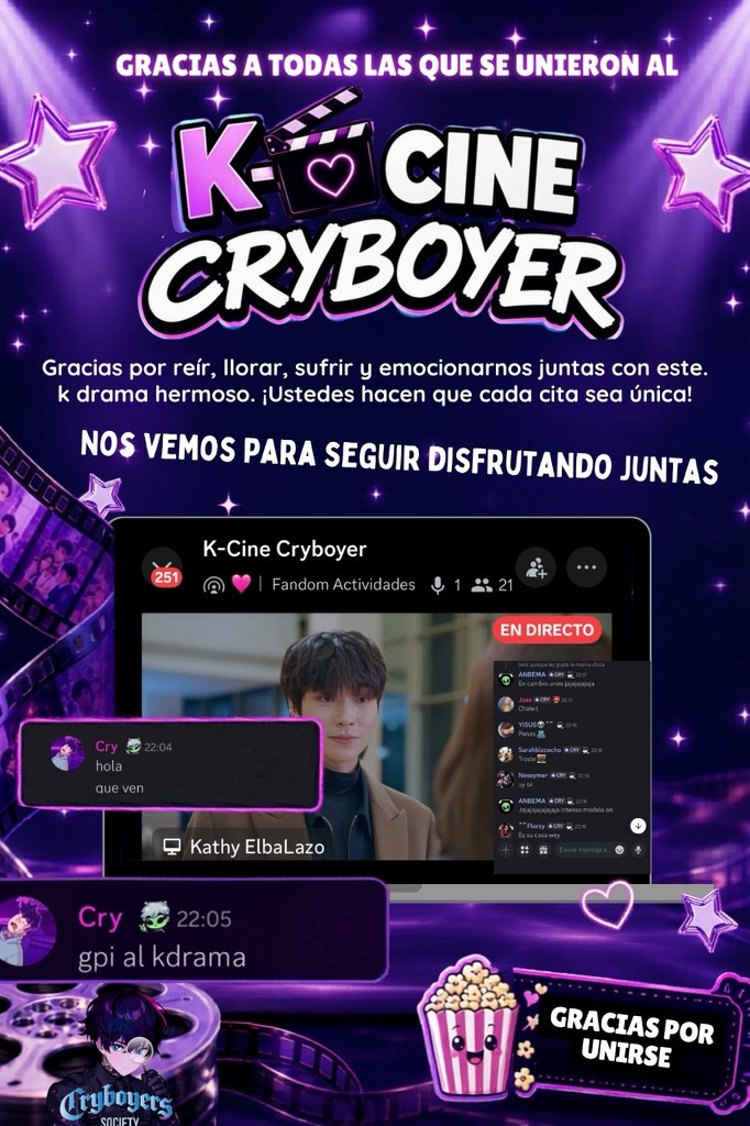 Cryboyersociet1's tweet photo. 💜 ¡Gracias Cryboyers! 💜
Hoy terminamos nuestras citas de K-Cine. 🍿✨ Sus risas, lágrimas y comentarios hicieron esta experiencia inolvidable.

Nos encanta compartir estos momentos con ustedes y disfrutar juntas. 💕 ya que esto es del fandom para el fandom 

Gracias a @KathyxCry por ayudarnos a transmitir diario. 

Y a @modsdexcry  por ayudarnos y brindarnos un espacio para poder hacer esta dinámica dentro de discord ✨🖤

¡Nos vemos en la próxima función!