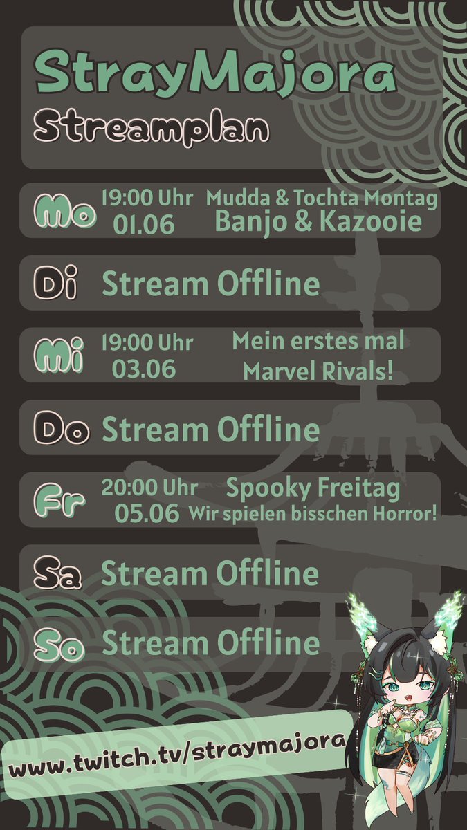 StrayMajora's tweet photo. Damit wir den Tag direkt mal mit was schönem starten!
Hier der wöchentliche Streamplan 💚 https://t.co/t9XidN2LJA