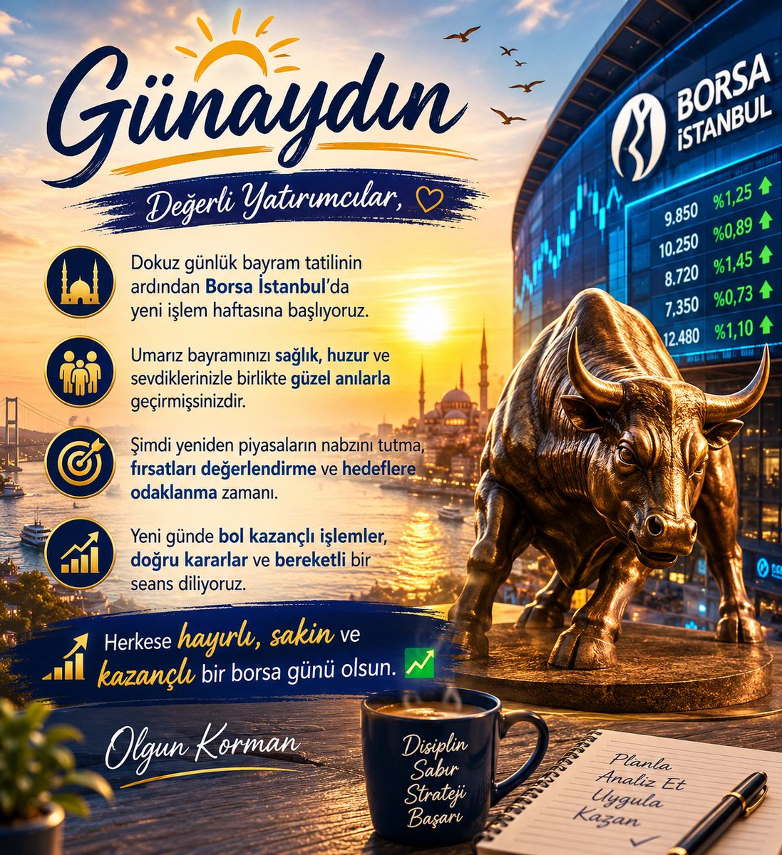 olgunkorman's tweet photo. 🌅 Günaydın Değerli Yatırımcılar,

Dokuz günlük bayram tatilinin ardından Borsa İstanbul’da yeni işlem haftasına başlıyoruz.

Umarız bayramınızı sağlık, huzur ve sevdiklerinizle birlikte güzel anılarla geçirmişsinizdir. Şimdi yeniden piyasaların nabzını tutma, fırsatları değerlendirme ve hedeflere odaklanma zamanı.

Yeni günde bol kazançlı işlemler, doğru kararlar ve bereketli bir seans diliyoruz.

Herkese hayırlı, sakin ve kazançlı bir borsa günü olsun. 📈

Olgun Korman

#xu100 #bist100 #endeks #borsa #netcd #yayla #flap #cgcam #idgyo