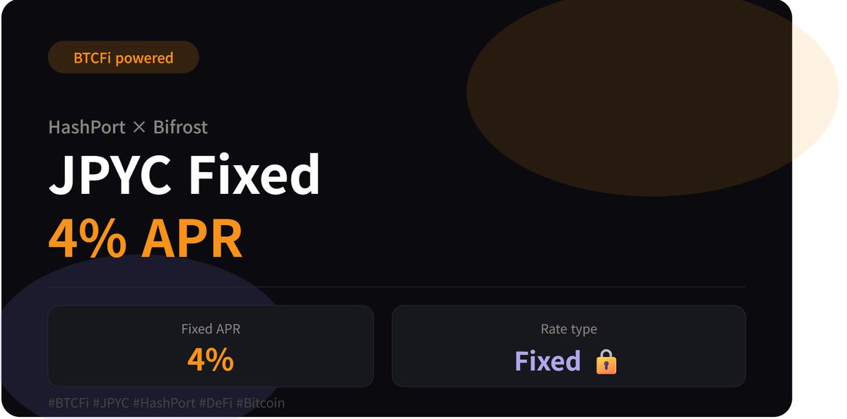 BifrostJOJO's tweet photo. 🚨 HashPort × Bifrost just dropped something insane
JPYC fixed 4% APR — powered by BTCFi
you put JPYC in. you earn a FIXED 4%.

Japan just got a stablecoin yield product that doesn't exist anywhere else
ngmi if you're still holding dead JPYC 😭
#BTCFi #JPYC #HashPort #Bitcoin https://t.co/ALoyD42nui