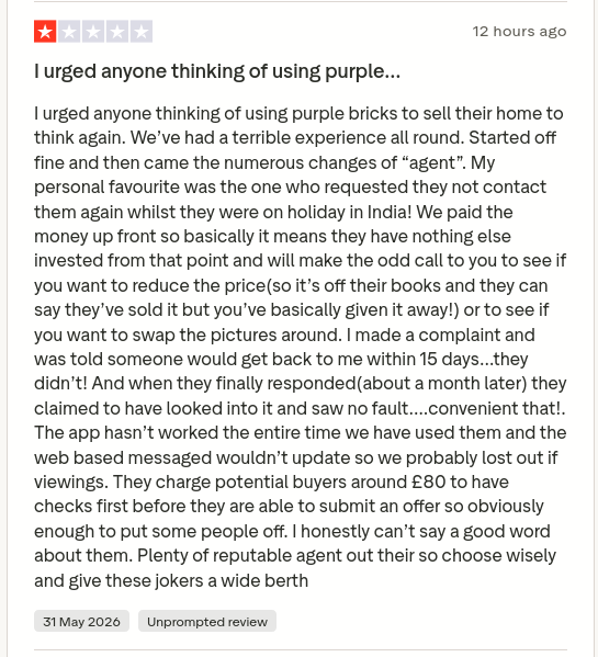 or_rhea's tweet photo. Ben Cotterell gave Purplebricks 1 star via @Trustpilot https://t.co/Cspx2f4P5Z #CONmisery #NoBull #ownit https://t.co/bCoUF1dTf9