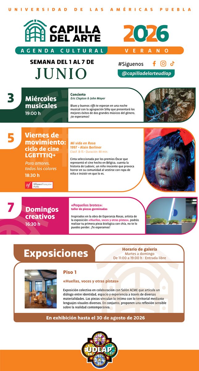 CapilladelArte's tweet photo. 📅 Esta semana en Capilla del Arte UDLAP:

🎸 Miércoles Musicales
🎬 Cine LGBTTTIQ+
🌱 Domingos Creativos

Además, visita la exposición Huellas, voces y otras pistas.

#CapillaDelArteUDLAP #AgendaCultural https://t.co/1kXt2NmfGk