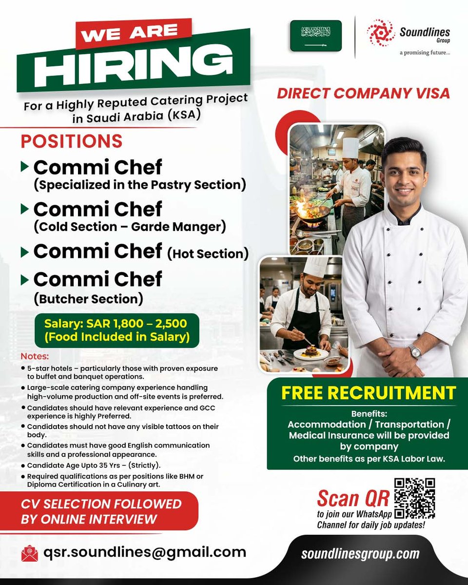 GroupSoundlines's tweet photo. WE ARE HIRING

For a Highly Reputed Catering Project in Saudi Arabia (KSA)

📌 To apply, kindly send your resume to qsr.soundlines@gmail.com

📌 Positions-

✔️Commi Chef(Specialized in the Pastry Section)

✔️Commi Chef(Cold Section - Garde Manger)

✔️Commi Chef (Hot Section)

✔️Commi Chef(Butcher Section)

#ksa #ksajobs #jobseekers #JobSearch2026 #omanjobs #jobsinoman #saudijobs #bahrainjobs #abroadjobs #hiring #recruitment #job #foreignjobs #gulfwalkin #soundlinesgroup