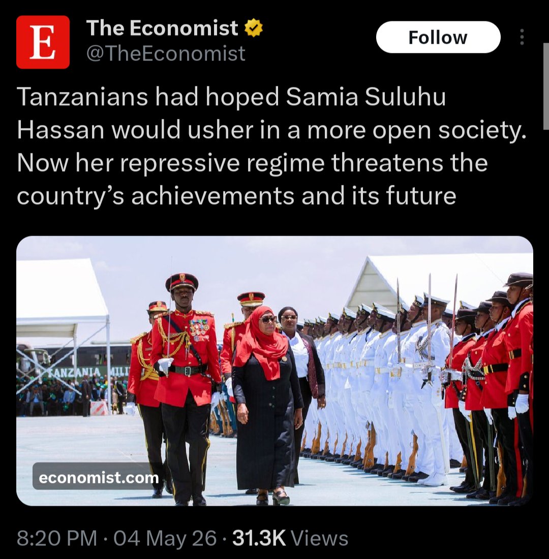 NNgabu_'s tweet photo. To the Editorial Board of The Economist (@TheEconomist), 

I would like to draw your attention to an article repeatedly promoted across your digital platforms titled, "Is Samia Suluhu Hassan Africa's most disappointing president?"

The substance of the article is, of course, open to debate and wildly speculative. However, my concern extends beyond its content. The article makes a number of serious claims while appearing to offer little evidence for some of its assertions and, from the perspective of many readers, does not seem to adequately present alternative viewpoints or responses from those being criticized.

What is even more surprising is the frequency with which this particular article has been promoted. To date, it appears to have been posted or reposted on your digital platforms on at least 22 occasions, including on 1 June, 31 May, 30 May, 28 May, 27 May, 26 May, 25 May, 21 May, 19 May, 18 May, 16 May, 15 May, 14 May, 13 May, 12 May, 10 May, 9 May, 8 May, 7 May, 5 May, and 4 May.

Given this extraordinary level of repetition, I would welcome an explanation from Editor-in-Chief Zanny Minton Beddoes (@zannymb) and Deputy Editor and Head of Digital Strategy Tom Standage (@tomstandage) regarding the rationale behind this promotional strategy.

The reason many readers are asking questions is simple: it is highly unusual to see the same article promoted so persistently over such a prolonged period. As a result, some have begun to wonder whether this is a genuine editorial decision or whether there are other motivations behind the campaign. The repeated promotion creates the appearance of an agenda-driven effort rather than the normal dissemination of journalistic content.

If The Economist holds a particular editorial position on Tanzania and its government, it would be more transparent to state that openly. Likewise, if there are reasons for repeatedly elevating this article above others, included but not limited to this being a paid hit piece, readers deserve an explanation. Transparency is an essential component of credible journalism.

I do not expect a response, but if one is forthcoming, many of us would be interested in hearing the reasoning behind what appears to be an unusually persistent promotional effort. If no response is provided, I hope the concerns raised by readers will at least be taken into consideration moving forward.

Regards,

N. N. Ngabu