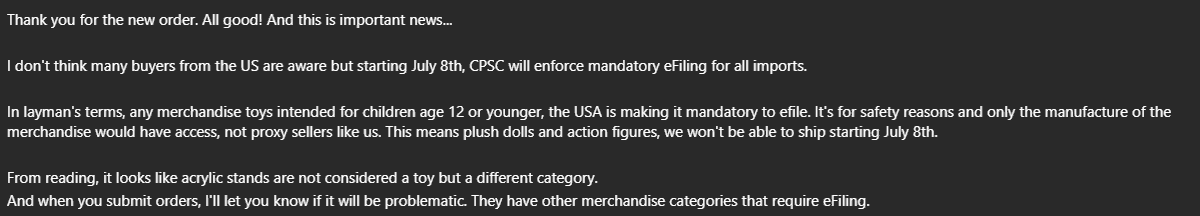 oisteal's tweet photo. @chicorobot_ Hi! Just wanted to say I've been keeping an eye on this situation since your original tweet, and I would still recommend to be cautious of the July 8th date
A proxy company I use to buy things in Japan on my behalf just sent me this today since they're preparing for the worst 😢 https://t.co/FkdV6F3Swi