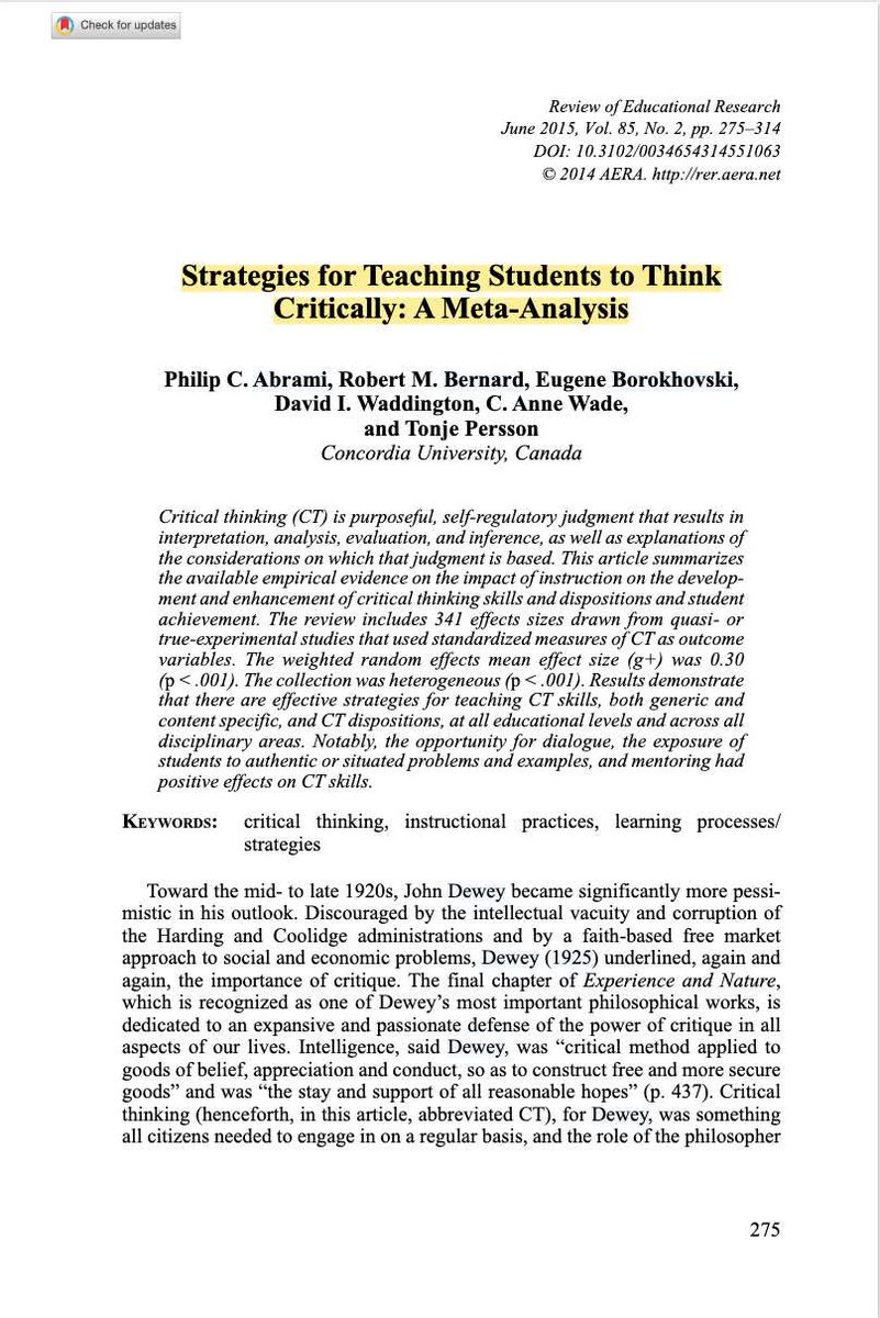 JuanluCaba_Unex's tweet photo. We All Say "Teach Critical Thinking." But Few Say How!
Abrami et al. (2015) answer the how. Their meta-analysis pooled 341 effect sizes, and the verdict is both reassuring and humbling: critical thinking can be taught, but the effect is modest, and the method matters enormously. https://t.co/8VrSgGCgfH