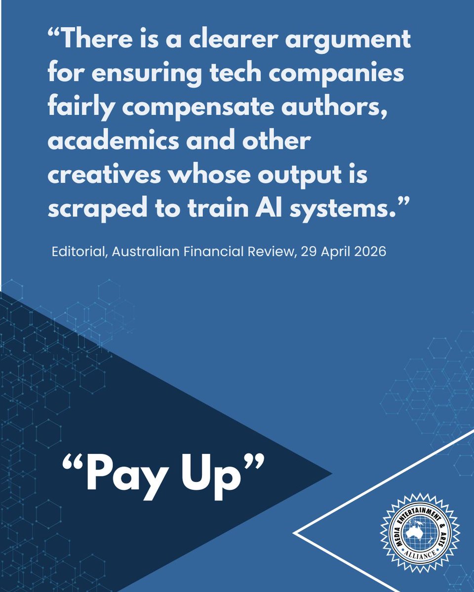 withMEAA's tweet photo. We are calling for Equitable Remuneration (ER) to be embedded in Australian copyright law - ensuring creators are paid when their work is used, including by AI.

This isn’t optional. It’s the foundation of a sustainable creative economy.

#PayUp

https://t.co/ysddLMl4Oh https://t.co/cwj0DuQqoG