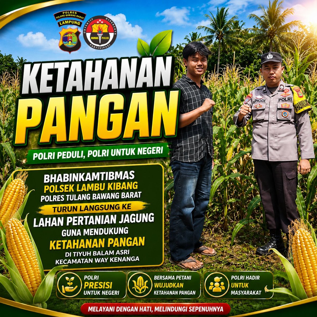 Humasrestubaba's tweet photo. Bhabinkamtibmas Polsek Lambu Kibang turun langsung ke Lahan Pertanian Jagung guna mendukung Ketahanan Pangan di Tiyuh Balam Asri Kecamatan Way Kenanga https://t.co/PV77Z3Uca4