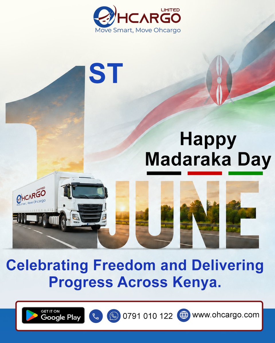 ohcargo's tweet photo. Happy Madaraka Day 🇰🇪

Today, we celebrate freedom, progress, and the movement that keeps Kenya going.

At Ohcargo, we’re proud to deliver smarter solutions across Kenya.

#MadarakaDay #Ohcargo #Kenya #MoveSmart #LogisticsKenya https://t.co/aHFbiRXBmS