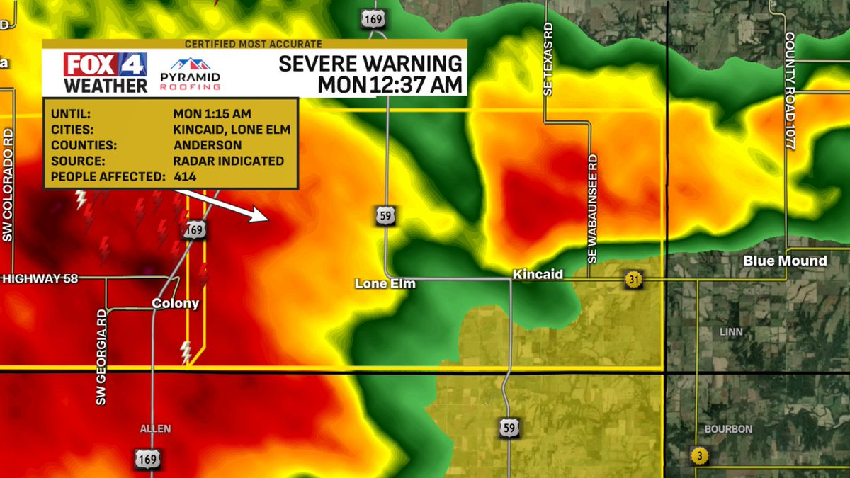 fox4wx's tweet photo. New Severe T-Storm Warning for Anderson counties until 6/01 1:15AM. Head indoors to avoid this storm &amp; stay weather aware with FOX 4 Kansas City! #fox4kc https://t.co/ka0rpnCfw0