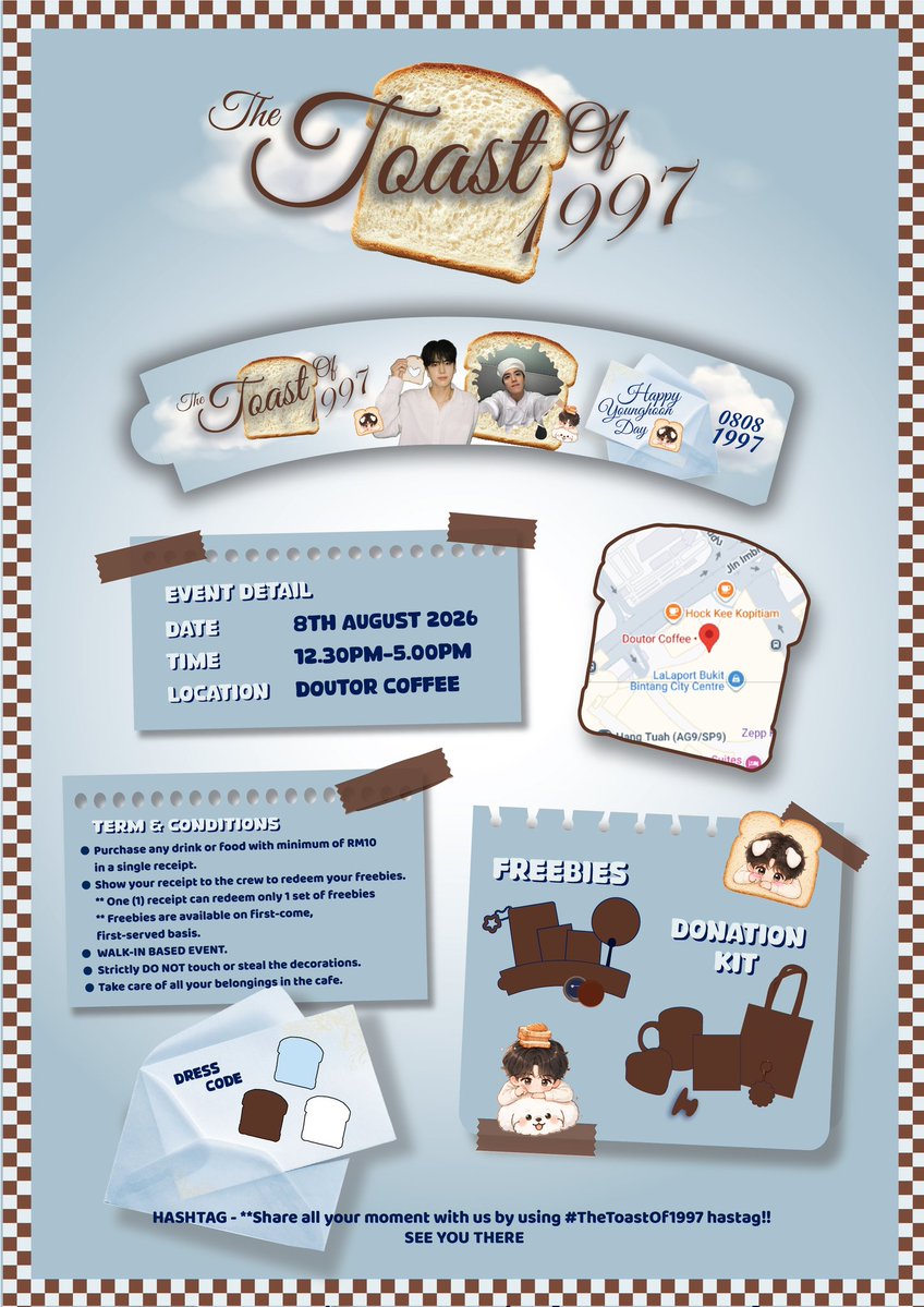TheToastOf1997's tweet photo. 📢Calling All Deobies!📢
🍞☕️ The Toast of 1997 ☕️🍞

A special Younghoon cupsleeve event awaits! 🤍
📅 08.08.2026
⏰ 12: 30 PM – 5 :00 PM
📍 Doutor, Lalaport
Follow for more details ✨
#TheToastOf1997 #YOUNGHOON #영훈 #THEBOYZ #더보이즈 #DeobiMY #THEBOYZMalaysia 🤍☕️🍞✨ https://t.co/tKRKg89S6a