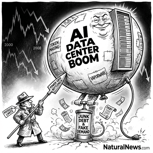 HealthRanger's tweet photo. I finally managed to render a political cartoon that seeks to visualize the AI data center boom bubble and how fragile it is... https://t.co/bOlM3s92Mg