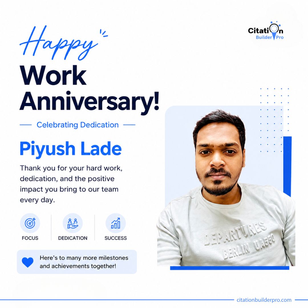 local_citation's tweet photo. 🎉 Happy Work Anniversary, Piyush Lade!
Celebrating 4 years of dedication, growth, and impact. Thank you for your hard work and valuable contributions to the team.
Wishing you continued success and many more milestones ahead!
#WorkAnniversary #TeamSuccess #CitationBuilderPro https://t.co/Dd5vrk14Lv