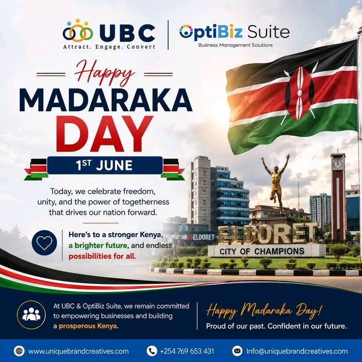 UB_Creatives's tweet photo. From independence to innovation, here's to building a digitally empowered Kenya. 🇰🇪

Happy Madaraka Day ✨ 

#MadarakaDay #Optibizsuite https://t.co/WvSpvKodDL